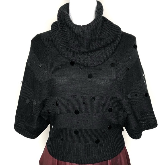 Dressy Sweater Cowl Neck Cropped Paillettes Holiday Evening Black Medium M - Picture 1 of 10